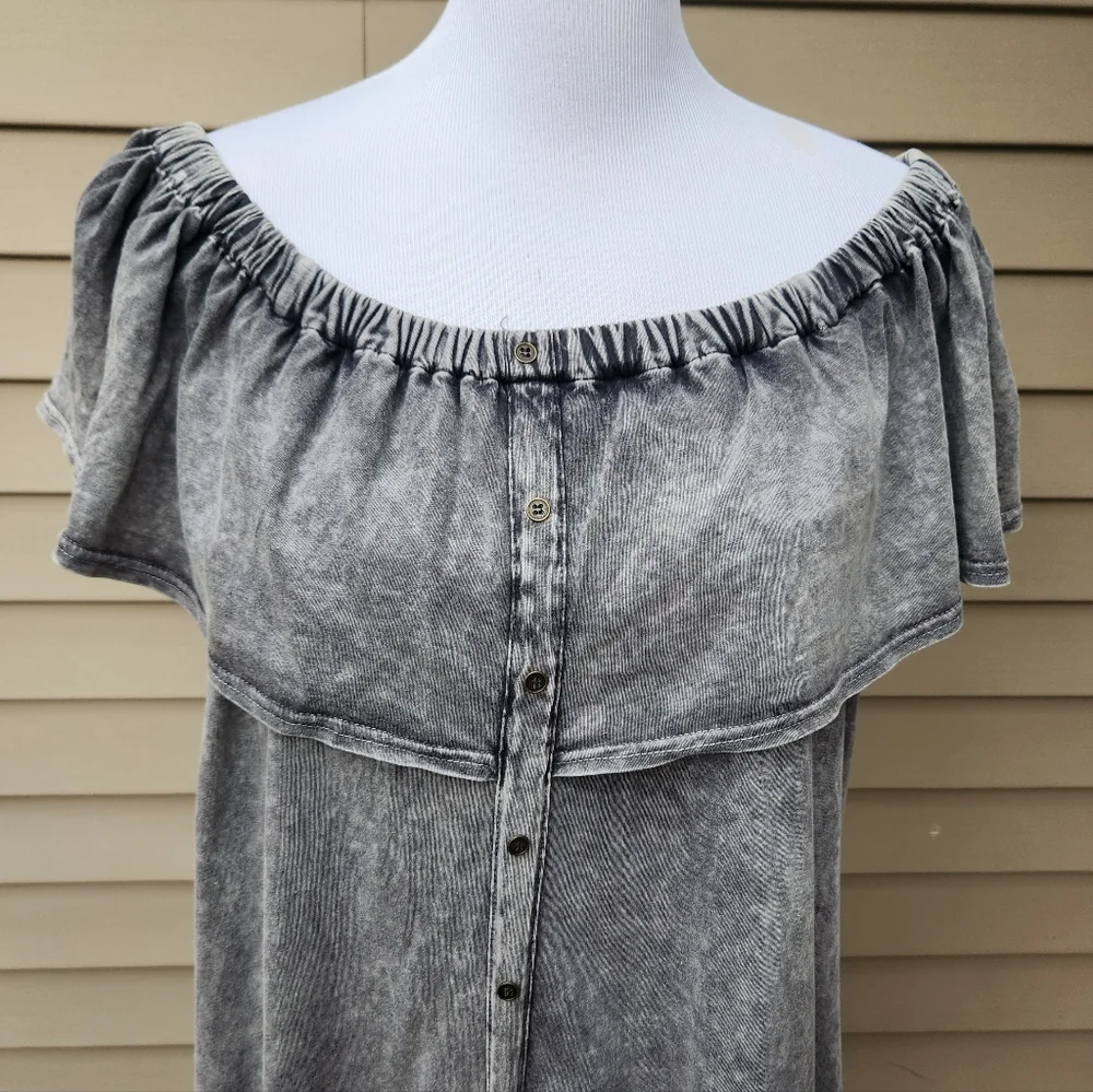 bluheaven Gray Acid Wash Knit Dress Off-Shoulder Faux Button-Up Ruffle Pockets